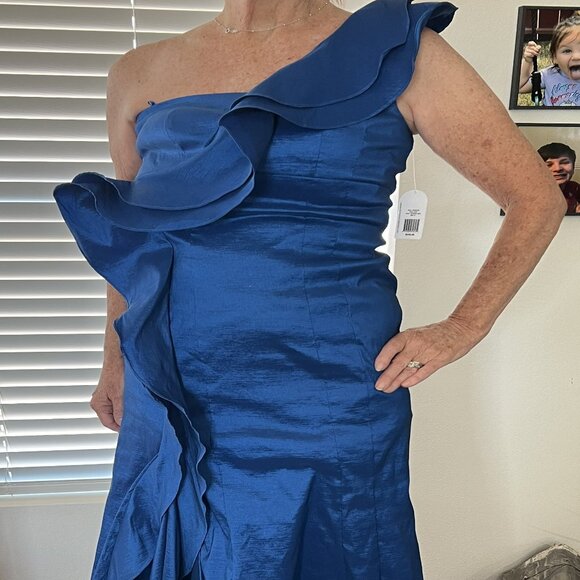 ON SALE $75 WINTER FORMAL GOWN BY JESSICA SIMPSON ROYAL BLUE ONE SHOULDER - Picture 1 of 9